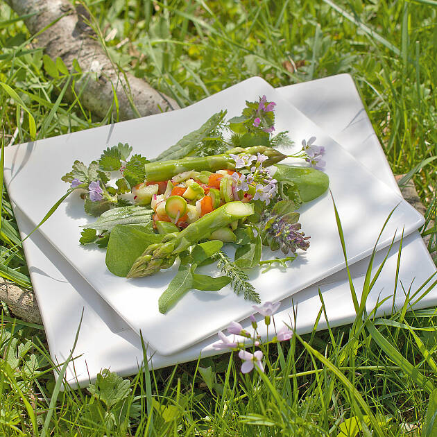 Grünes Spargeltatar im Wildkräuternest