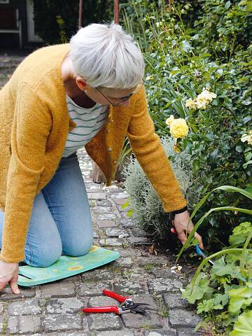 Ein Kniekissen oder ein Sitzhocker sorgen für mehr Komfort bei der Gartenarbeit.